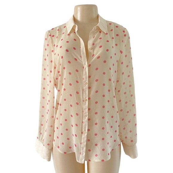 Hinge Couture Sheer Cream Blouse Pink Polkadot Button Up Top Spring Fun Corpcore - Picture 1 of 3